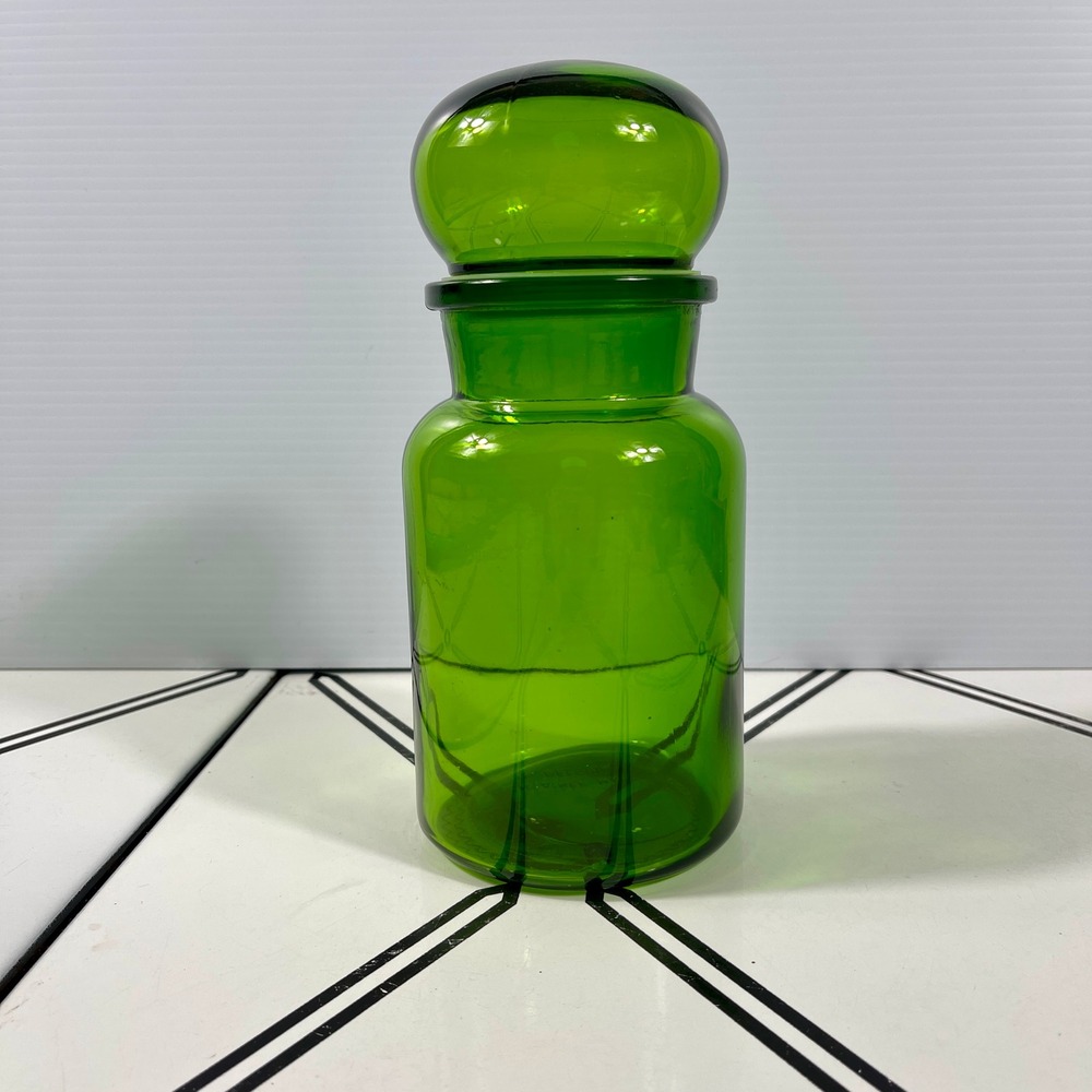 Vintage Belgium‎ Green Glass Apothecary Jar Bubble Lid Canister ~8.5-9" Tall